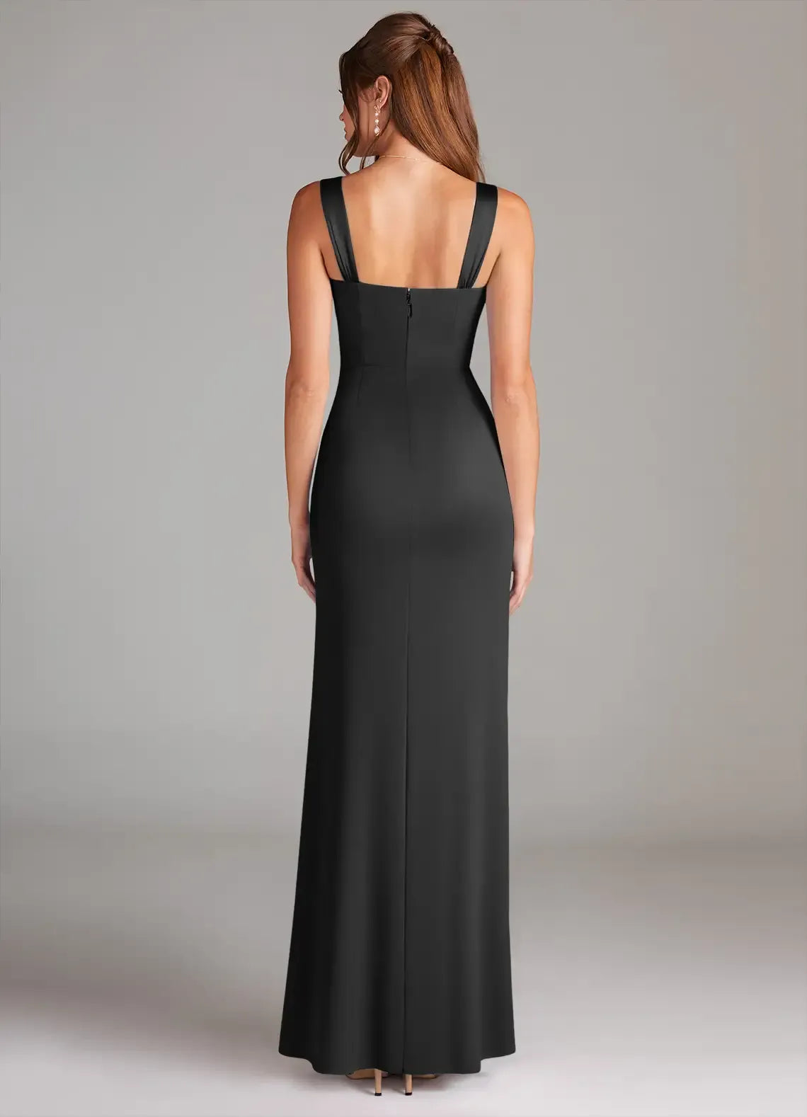 Chic Black Satin Mermaid Sweetheart-Neck Wide-Strap Low-Back Floor-Length Evening Wedding Bridesmaid Dress