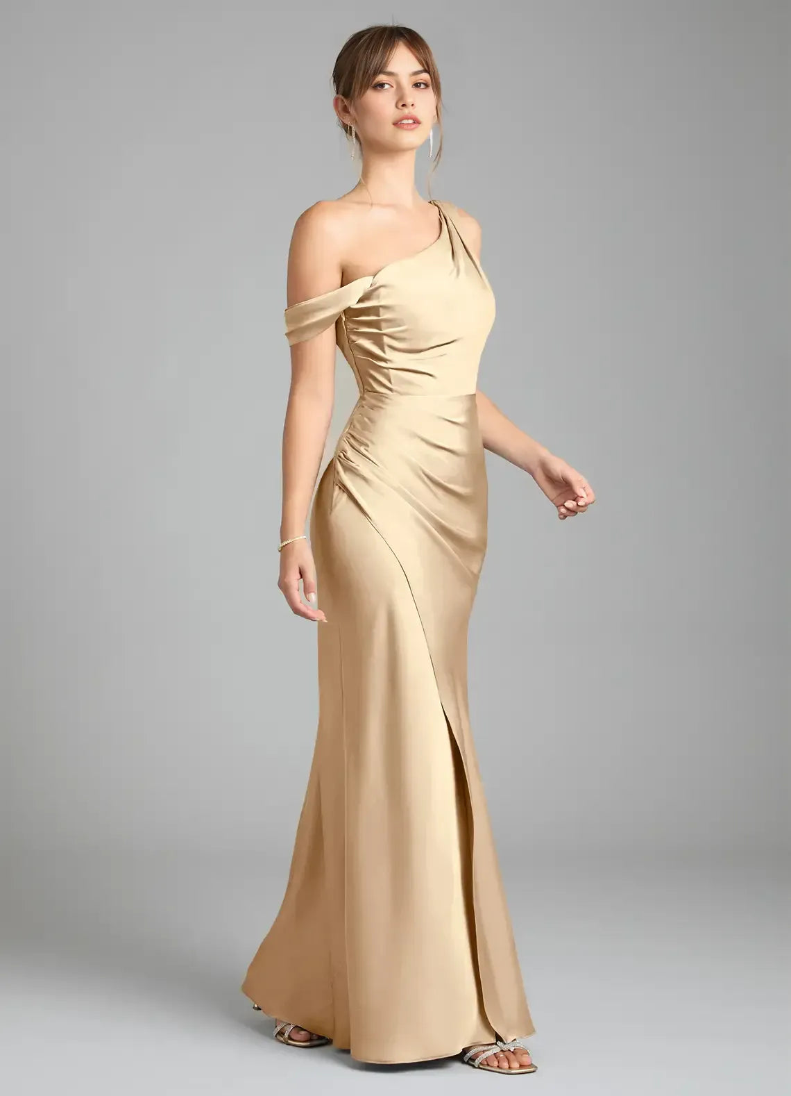 Chic Champagne Satin Mermaid One-Shoulder High-Slit Floor-Length Evening Wedding Bridesmaid Dress