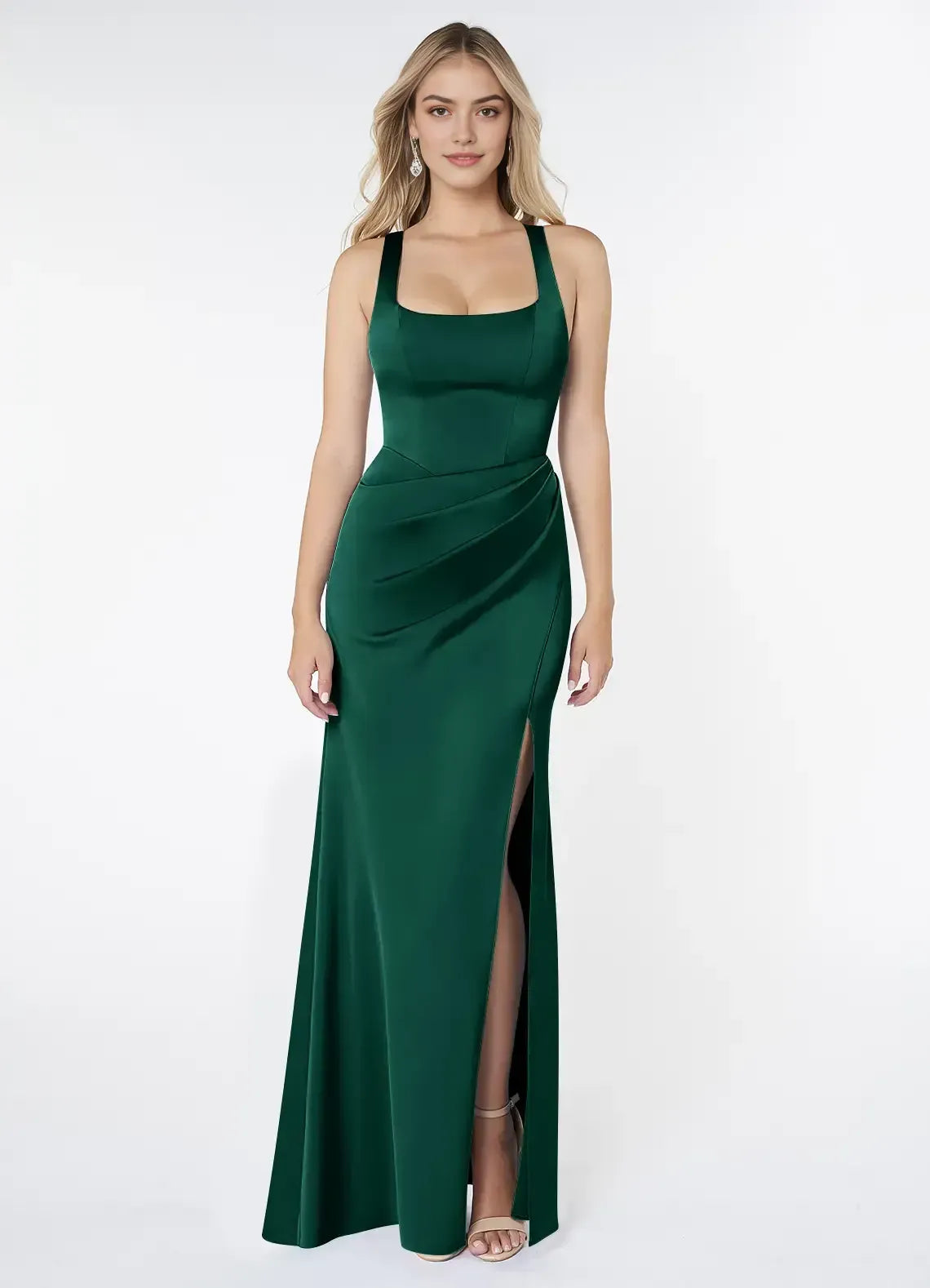 Chic Emerald Green Satin Mermaid Square-Neck Wide-Strap Twist-Back Floor-Length Evening Wedding Bridesmaid Dress