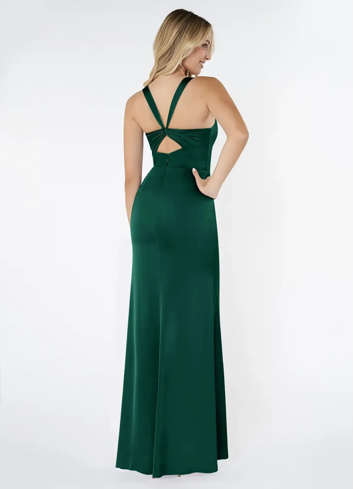 Chic Emerald Green Satin Mermaid Square-Neck Wide-Strap Twist-Back Floor-Length Evening Wedding Bridesmaid Dress