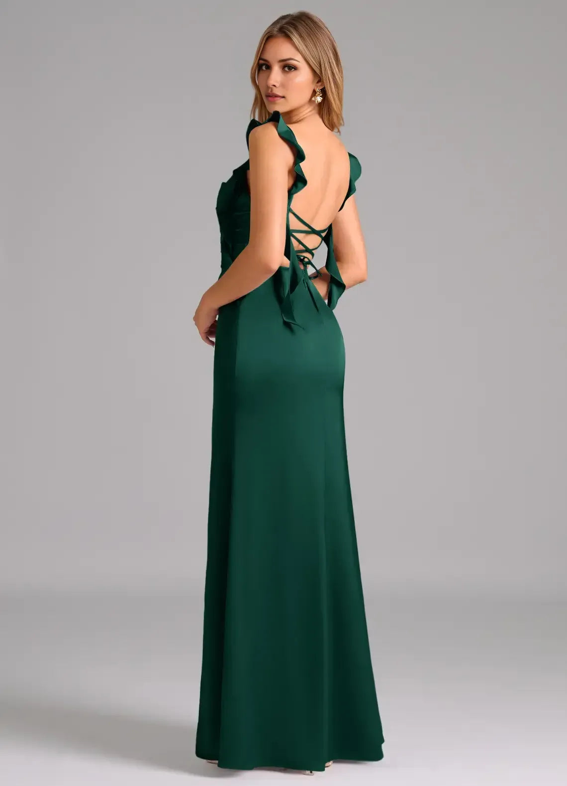 Chic Emerald Green Satin Mermaid Sweetheart-Neck Ruffled Bow-Strap Lace-Up Back Floor-Length Evening Wedding Bridesmaid Dress
