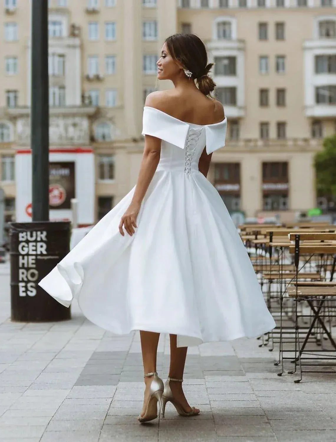 Chic Hi-Low Off Shoulder Fold Sleeve Corset Back Midi Wedding Dress
