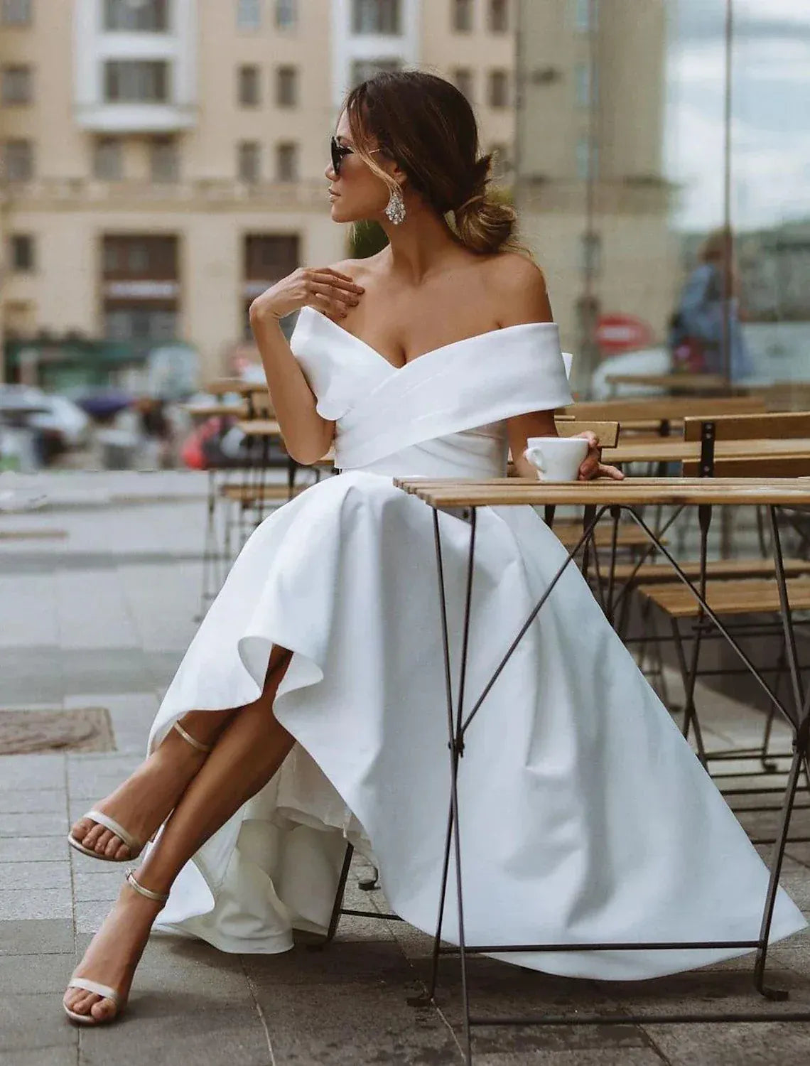 Chic Hi-Low Off Shoulder Fold Sleeve Corset Back Midi Wedding Dress
