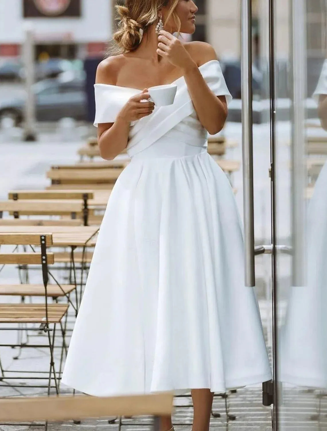 Chic Hi-Low Off Shoulder Fold Sleeve Corset Back Midi Wedding Dress