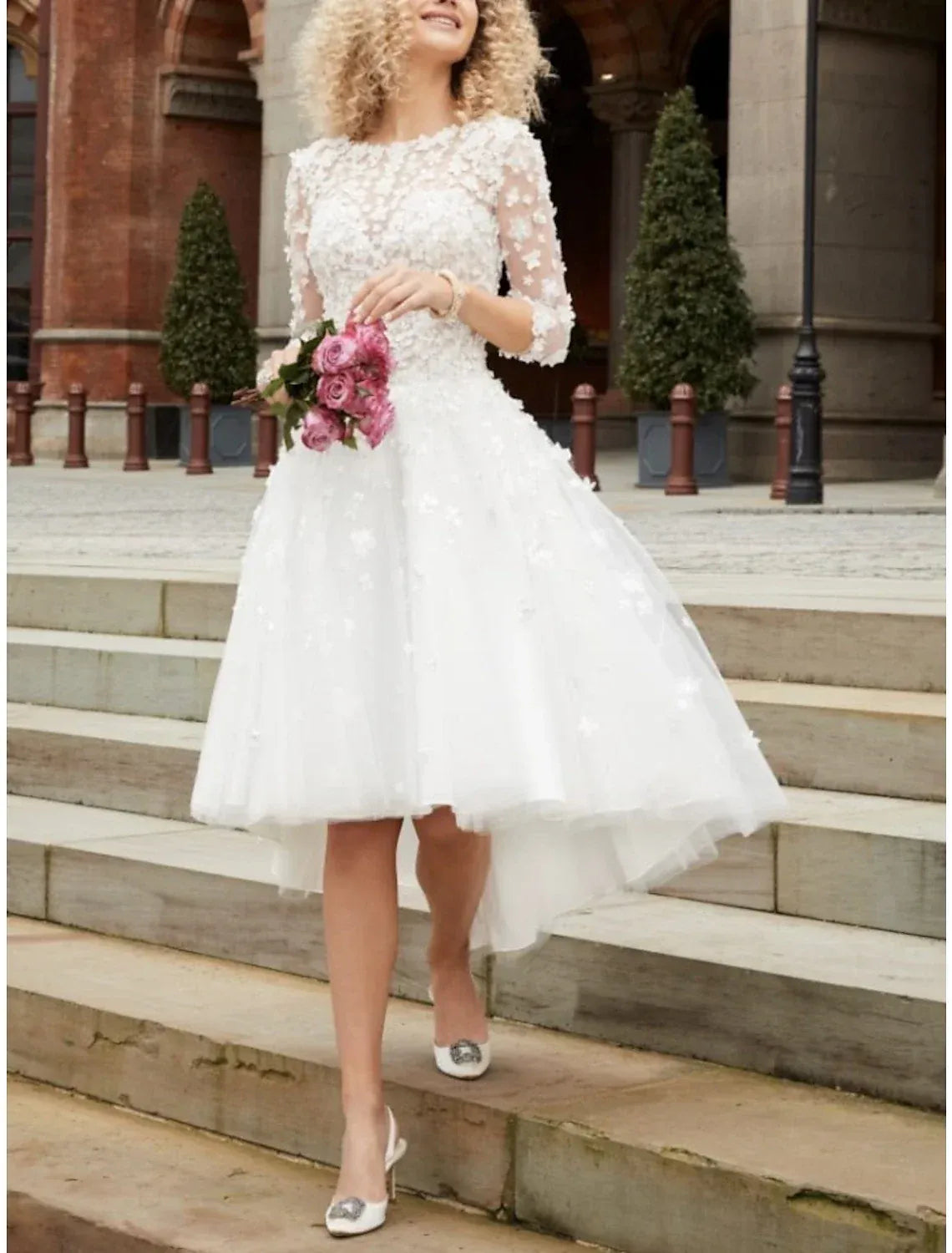 Chic High-Low A-Line Round Three-Quarter 3D Floral Short Wedding Dress