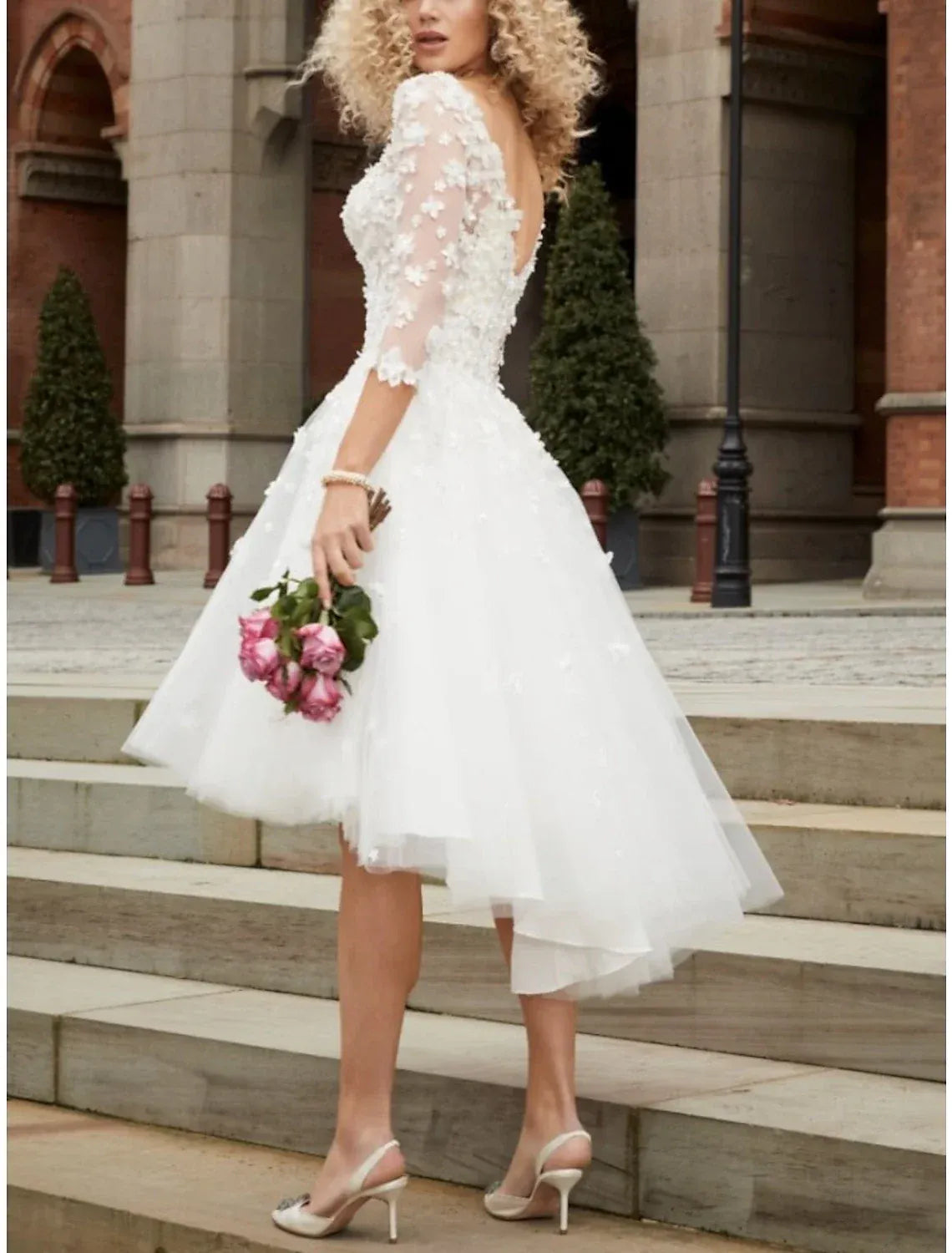 Chic High-Low A-Line Round Three-Quarter 3D Floral Short Wedding Dress
