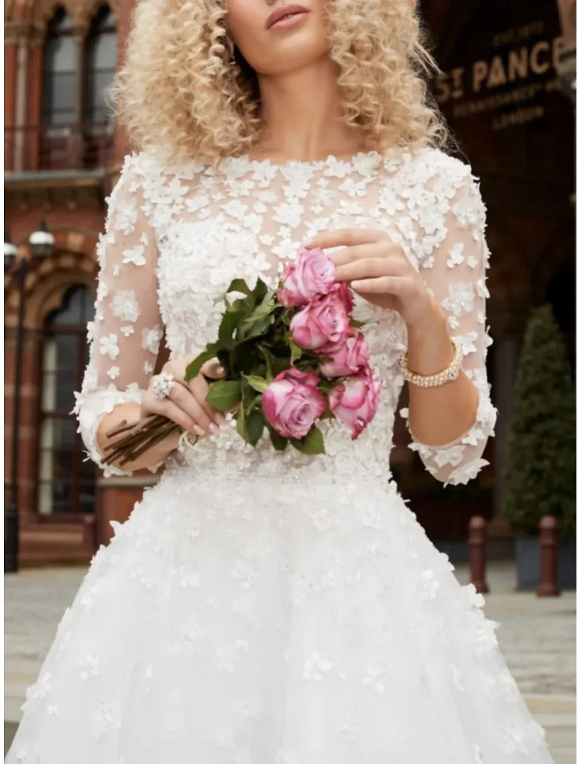 Chic High-Low A-Line Round Three-Quarter 3D Floral Short Wedding Dress