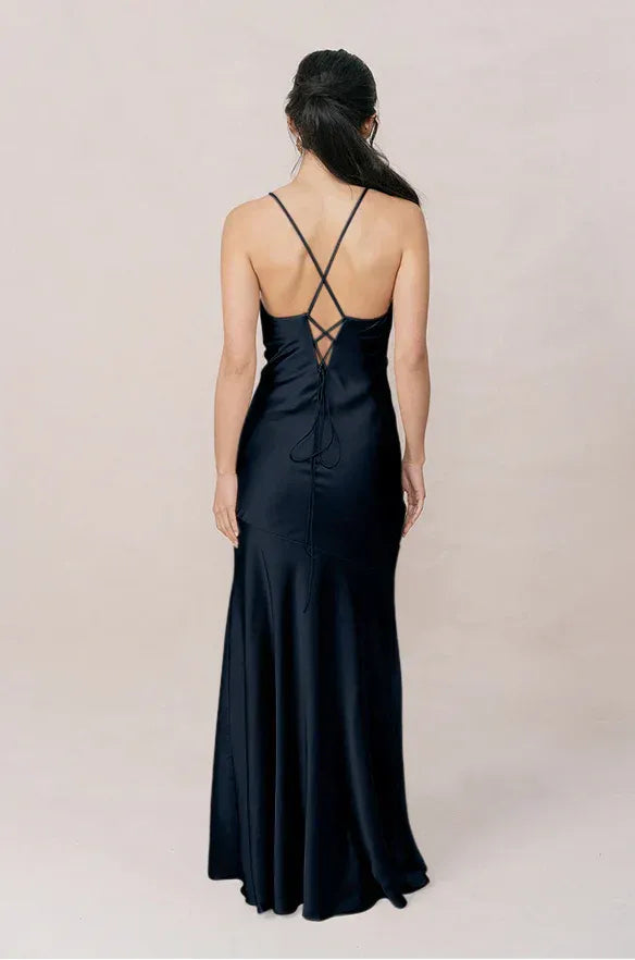 Chic Mermaid Cowl Neck Spaghetti Strap Lace-Up Back Slit Floor-Length Bridesmaid Dress