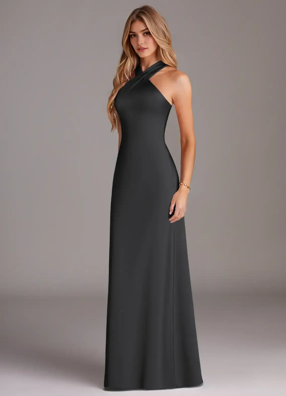 Chic Mermaid Cross-Halter Sleeveless Bow-Tie-Back Floor-Length Evening Wedding Bridesmaid Dress
