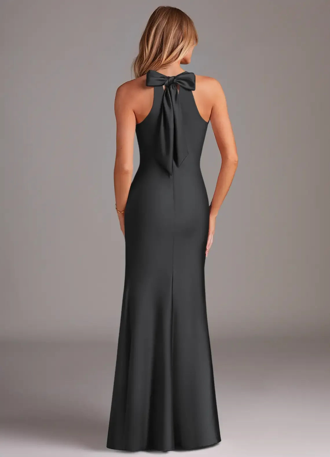 Chic Mermaid Cross-Halter Sleeveless Bow-Tie-Back Floor-Length Evening Wedding Bridesmaid Dress