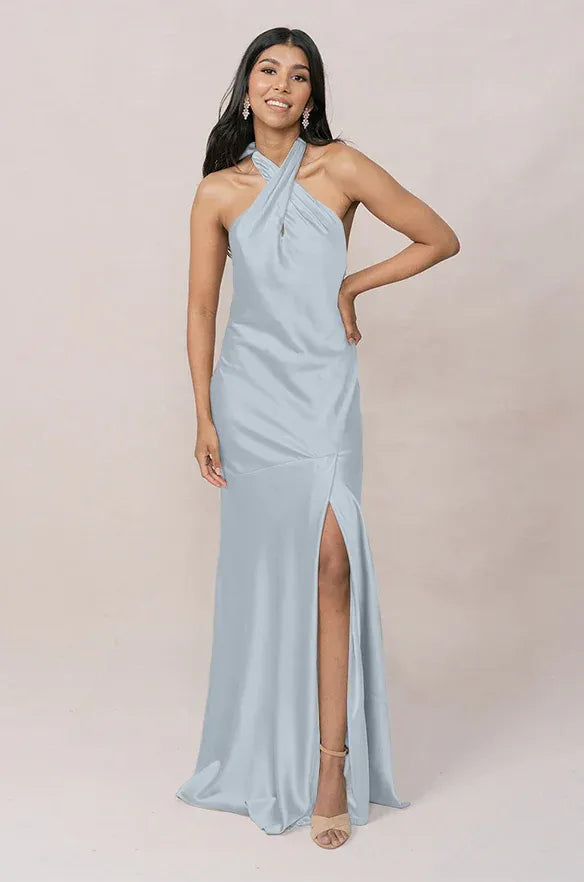 Chic Mermaid Halter Neck Sleeveless Bow-Tie Back Slit Floor-Length Bridesmaid Dress