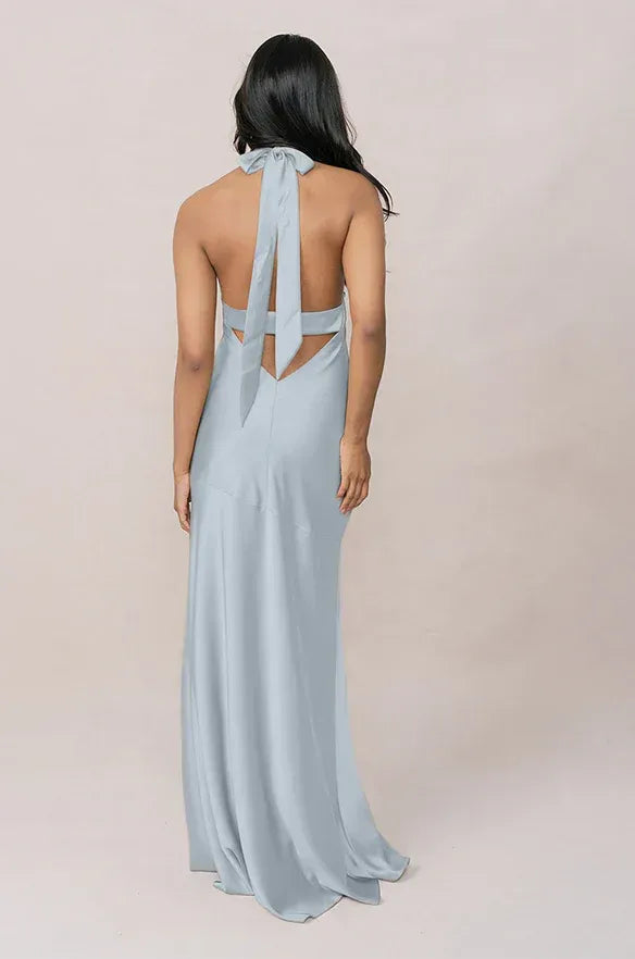 Chic Mermaid Halter Neck Sleeveless Bow-Tie Back Slit Floor-Length Bridesmaid Dress