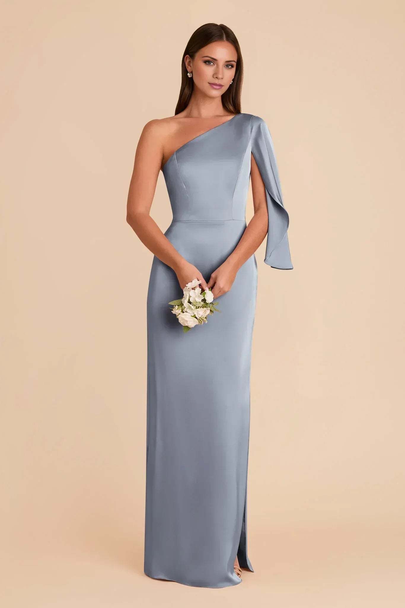 Chic Mermaid One Shoulder Cape Sleeve Plain Back Floor Length Wedding Bridesmaid Dress
