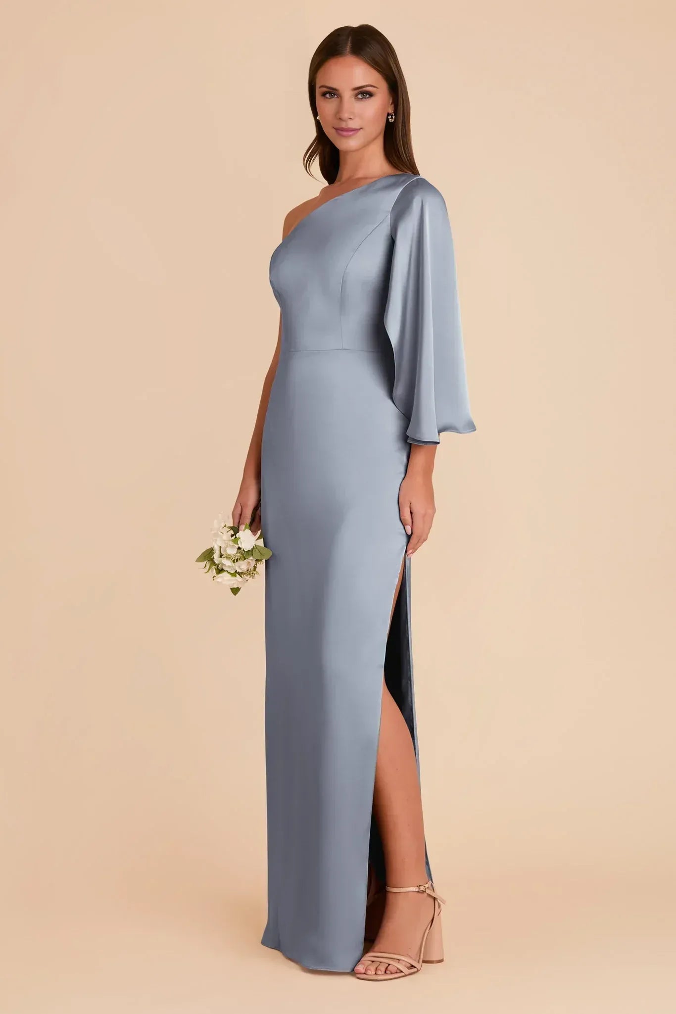 Chic Mermaid One Shoulder Cape Sleeve Plain Back Floor Length Wedding Bridesmaid Dress
