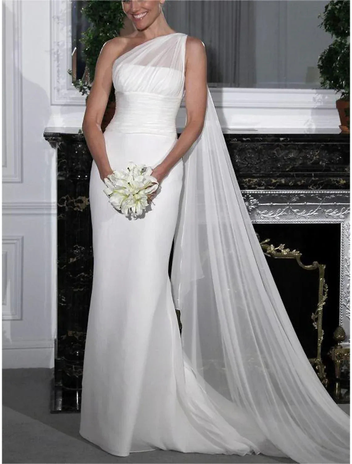 Chic Mermaid One Shoulder Drape Sleeve Button Back Floor Wedding Dress