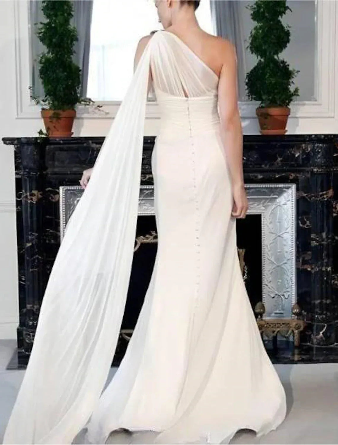 Chic Mermaid One Shoulder Drape Sleeve Button Back Floor Wedding Dress