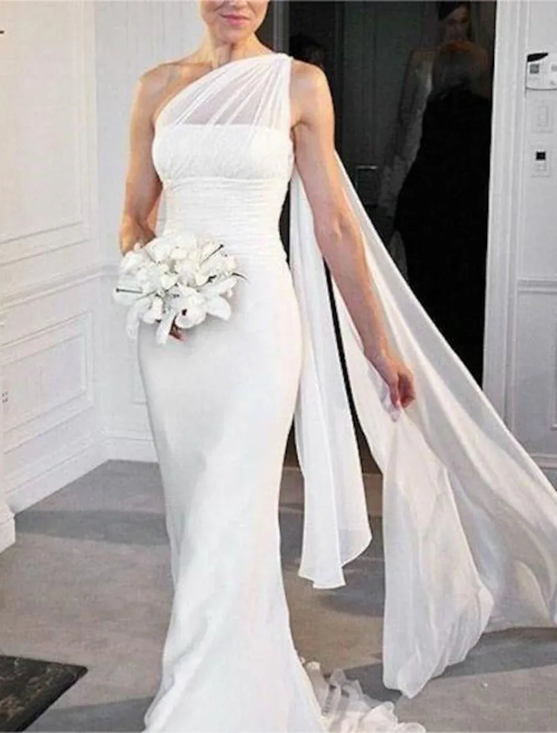 Chic Mermaid One Shoulder Drape Sleeve Button Back Floor Wedding Dress