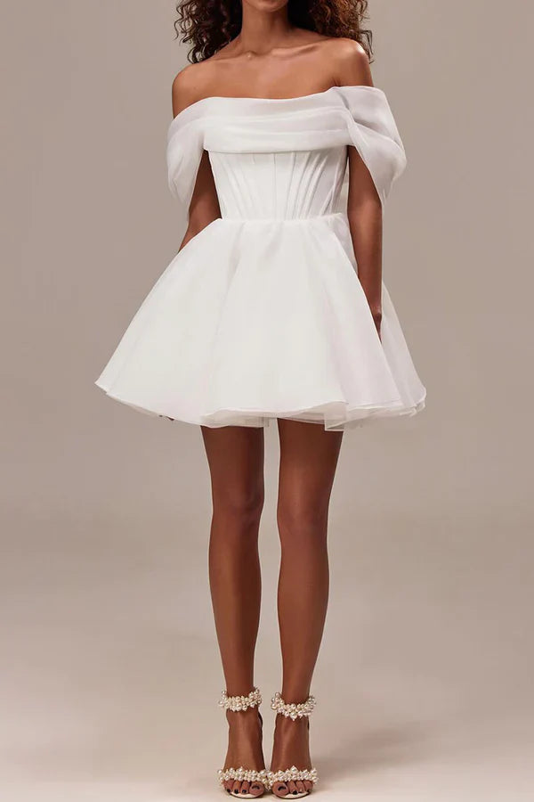 Chic Mini Off-Shoulder Short-Sleeve Lace-Up-Back Mini-Length Wedding Dresses For Bridal Shower
