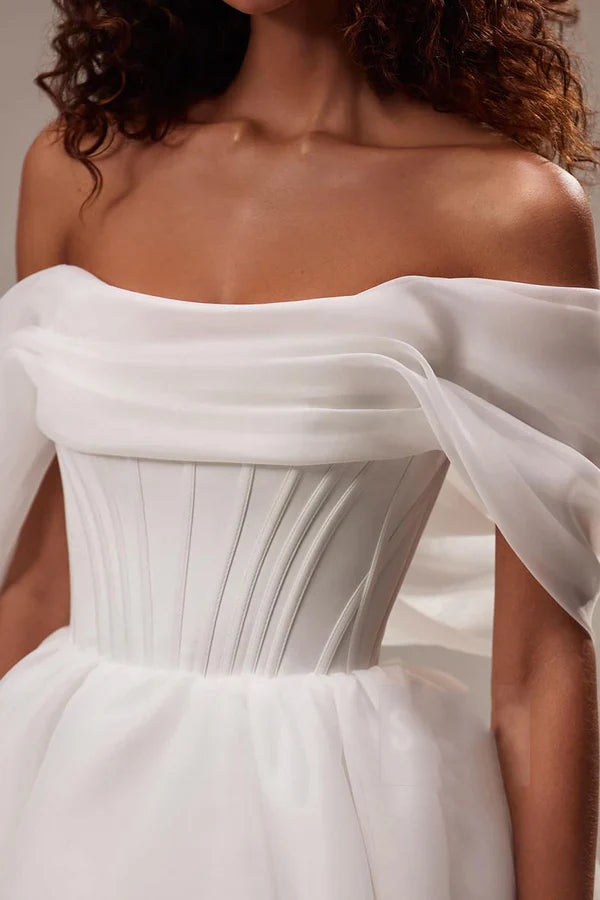 Chic Mini Off-Shoulder Short-Sleeve Lace-Up-Back Mini-Length Wedding Dresses For Bridal Shower