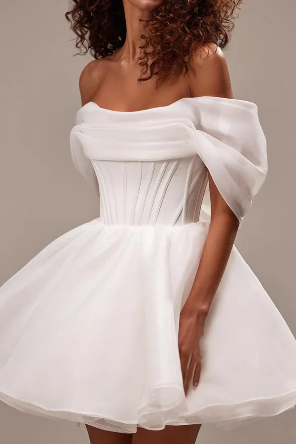 Chic Mini Off-Shoulder Short-Sleeve Lace-Up-Back Mini-Length Wedding Dresses For Bridal Shower