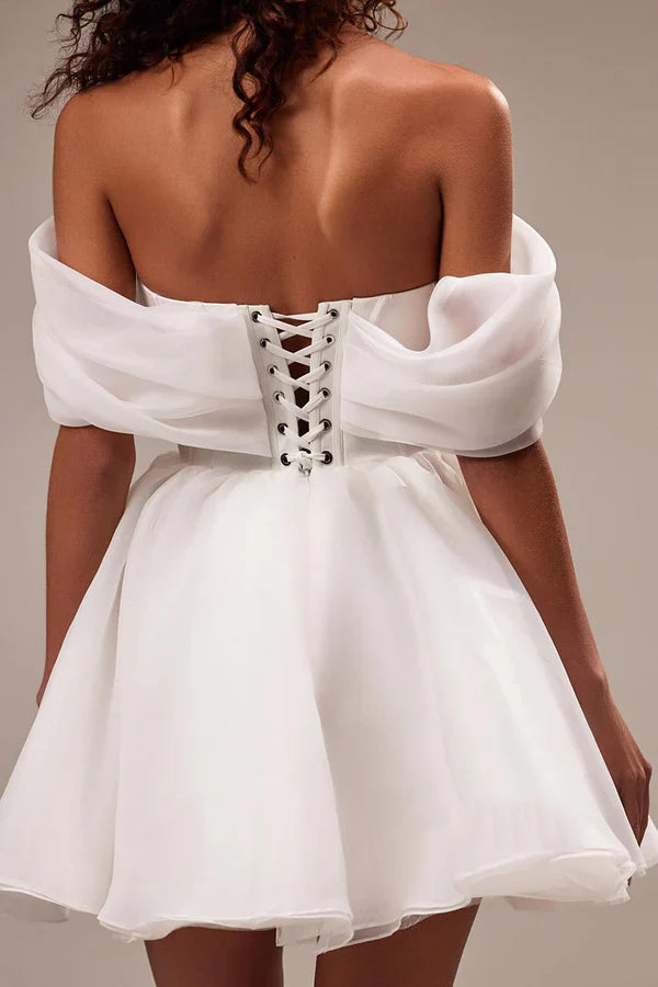 Chic Mini Off-Shoulder Short-Sleeve Lace-Up-Back Mini-Length Wedding Dresses For Bridal Shower