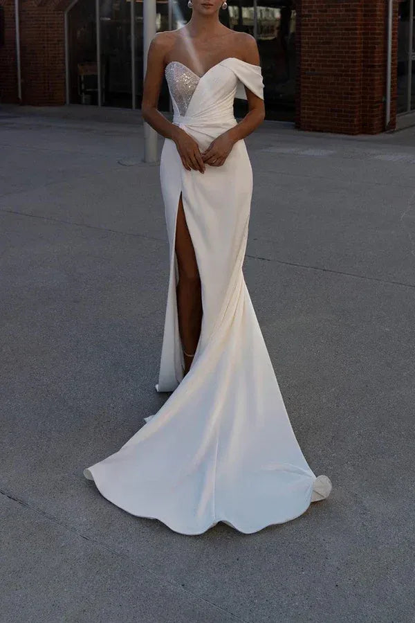 Chic Off-the-Shoulder Sweetheart Crepe Mermaid Floor-Length Wedding Dress