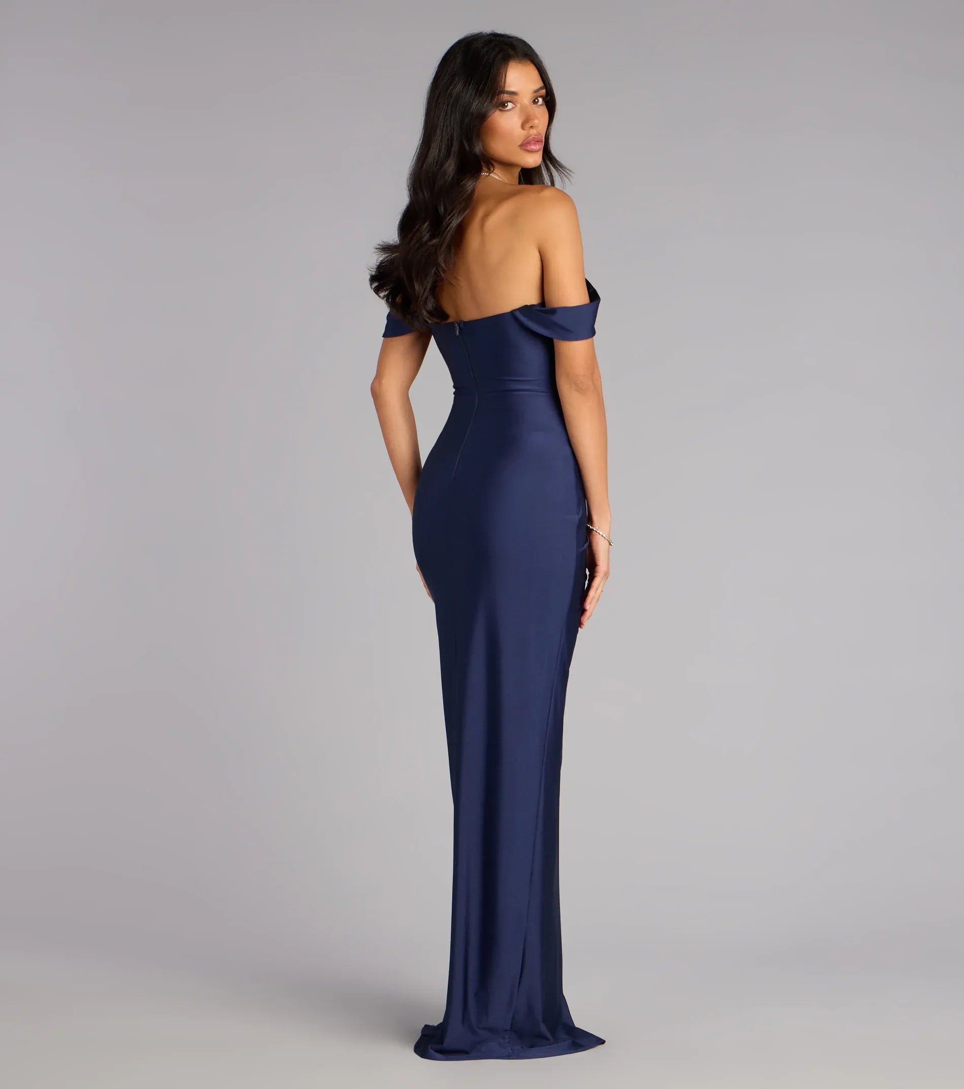 Chic Off-the-shoulder Ruched High Slit Navy Satin Maxi Wedding Guest Dresses