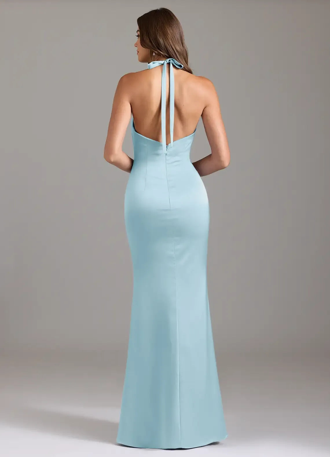Chic Sky-Blue Satin Mermaid Halter V-Neck Sleeveless Tie-Back Floor-Length Evening Wedding Bridesmaid Dress