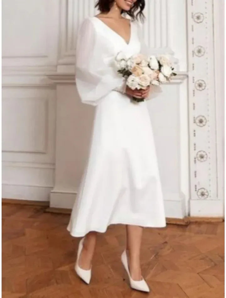 Chic Tea‑Length A‑Line Deep‑V Puffy‑Long‑Sleeve Minimalist Satin Wedding Dresses For Civil Courthouse Wedding
