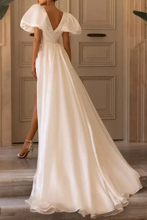 Chic V-Neck Puff-Sleeve A-Line Floor-Length Wedding Dress