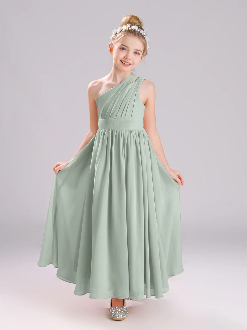 Chic A-Line One Shoulder Sleeveless Backless Floor-Length Junior Bridesmaid Dress