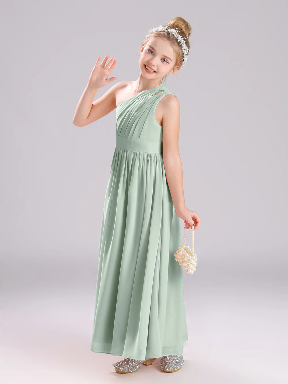 Chic A-Line One Shoulder Sleeveless Backless Floor-Length Junior Bridesmaid Dress
