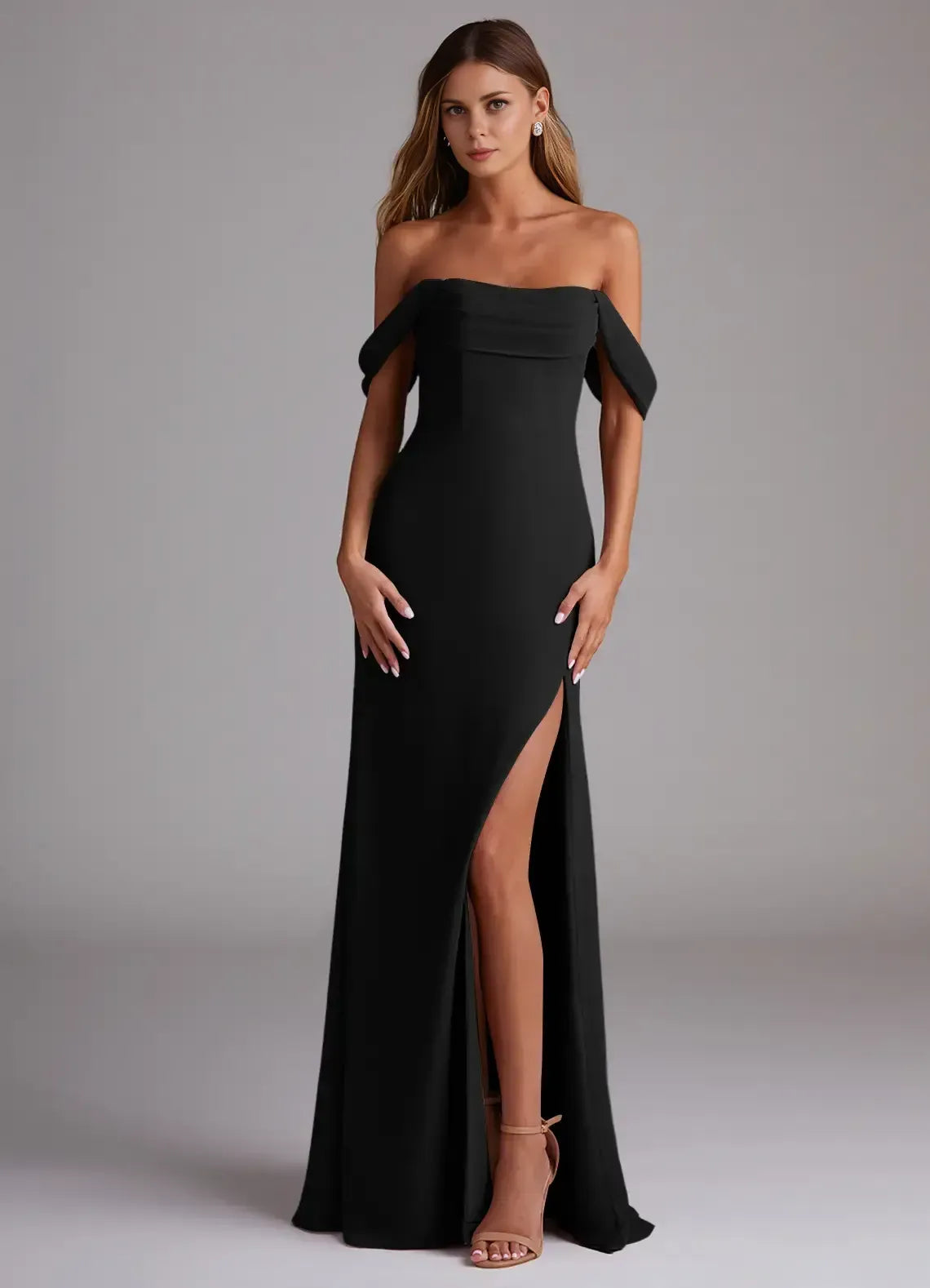 Chic Mermaid Off‑Shoulder Folded‑Bust Sleeveless Low‑Back Floor‑Length Evening Bridesmaid Dress