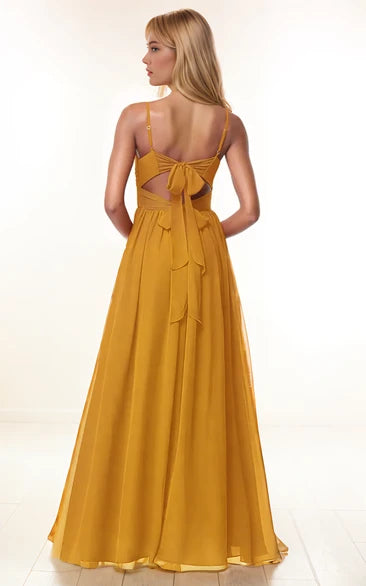 Chiffon A-Line Spaghetti V-neck Bridesmaid Dress Modern Solid Big Busts Floor-length Straps Sleeveless Tied Back Split Front Evening Dress