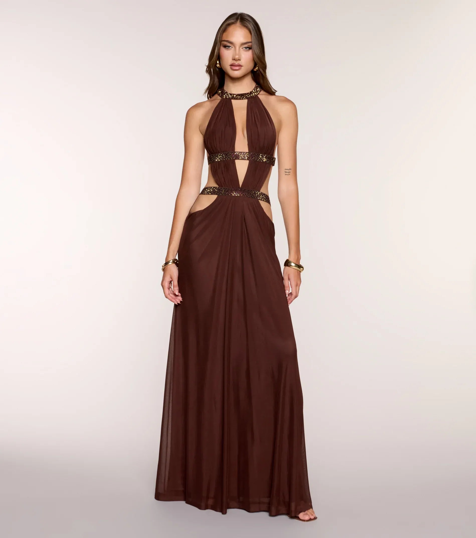 Chocolate Brown Mesh Halter Multi Cutout Sequin Trim A Line Floor Length Wedding Guest Dresses