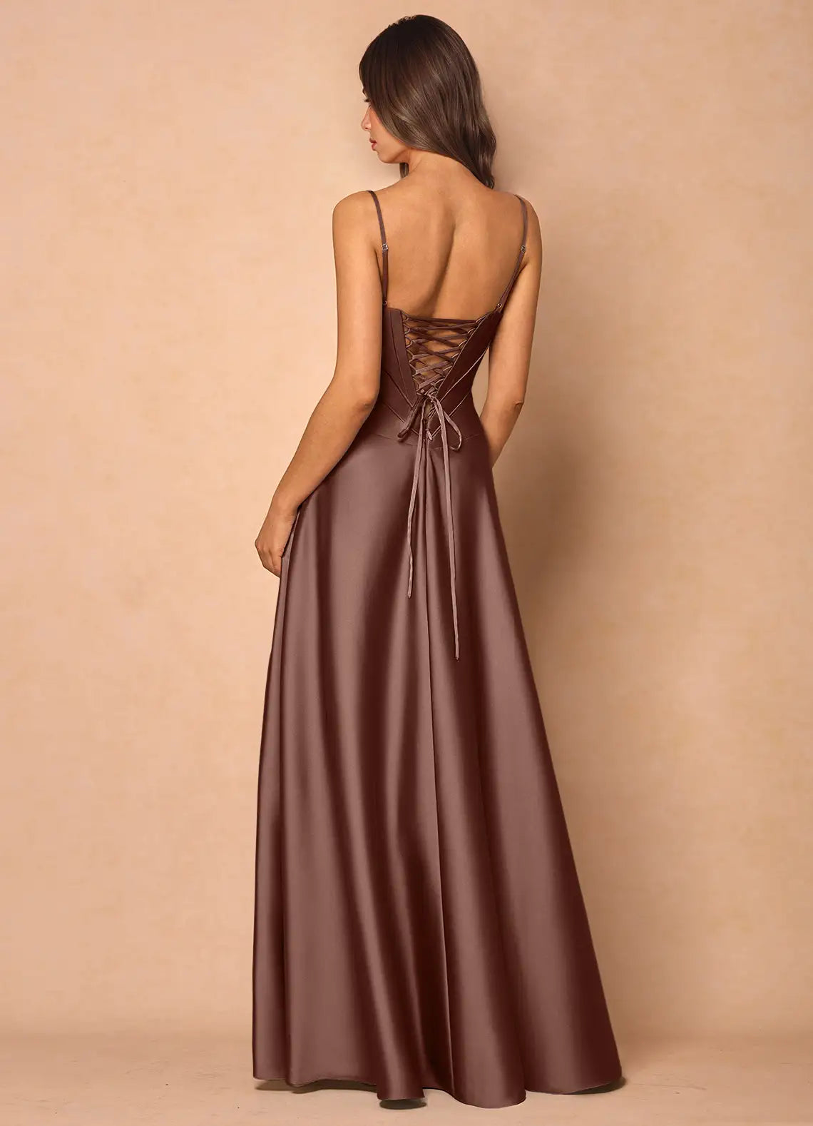 Chocolate Brown Spaghetti Strap Sweetheart Corset Lace Up A-Line Maxi Wedding Guest Dress