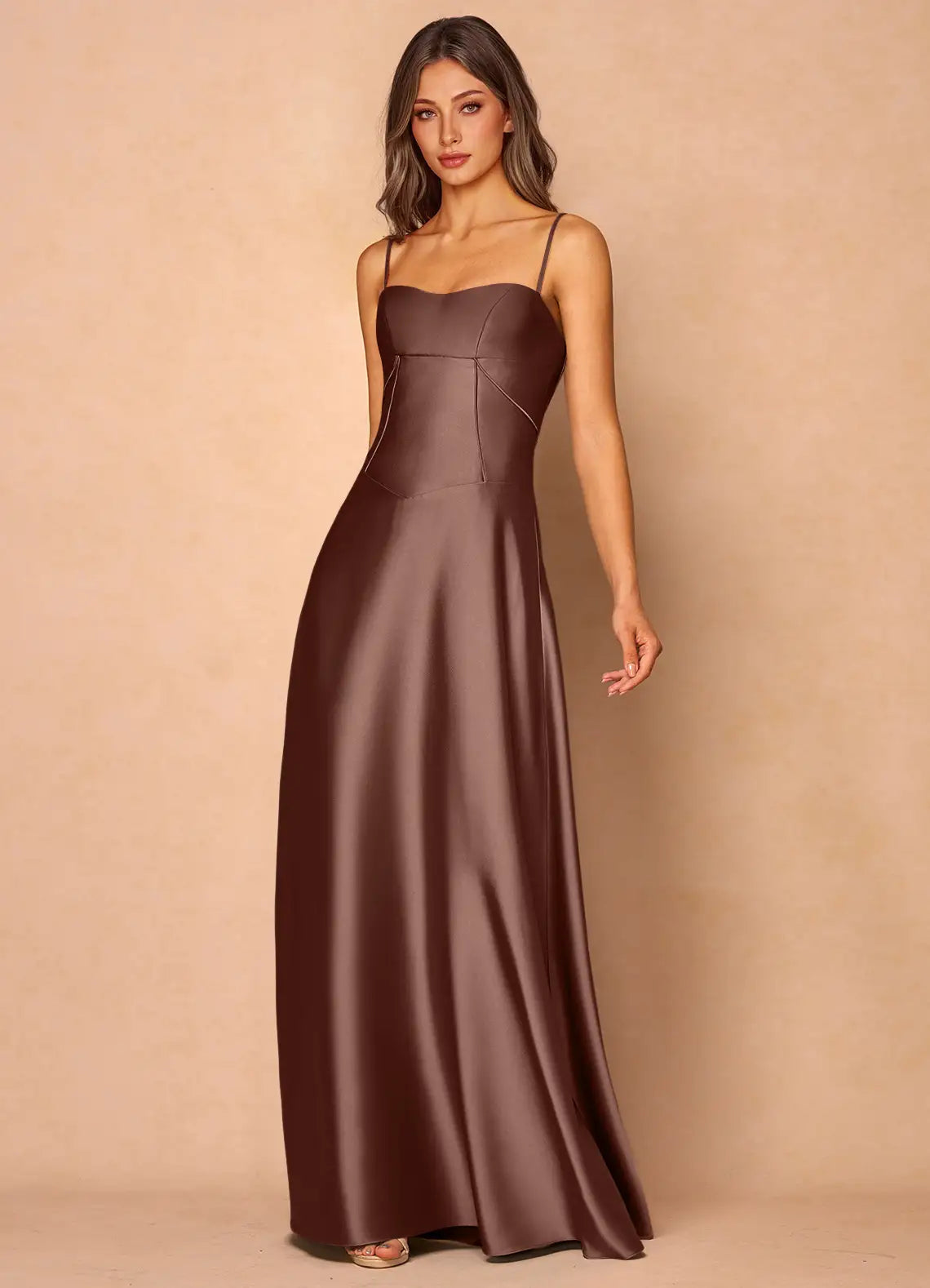 Chocolate Brown Spaghetti Strap Sweetheart Corset Lace Up A-Line Maxi Wedding Guest Dress