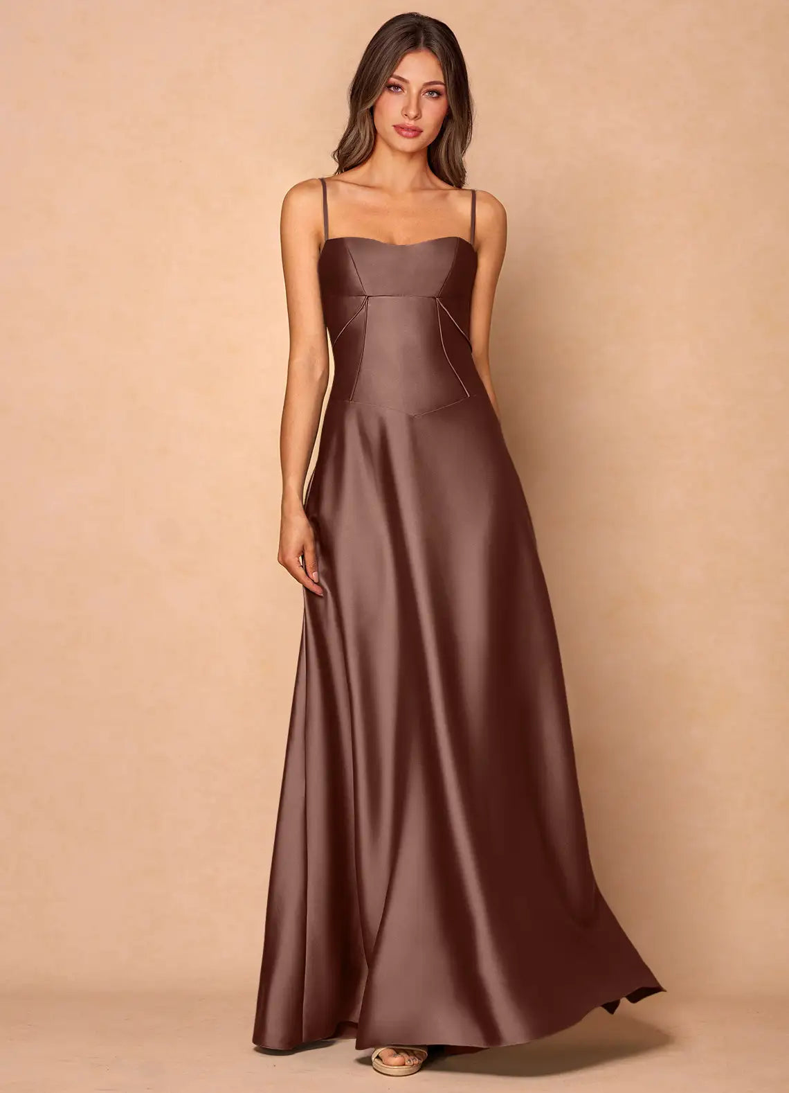 Chocolate Brown Spaghetti Strap Sweetheart Corset Lace Up A-Line Maxi Wedding Guest Dress