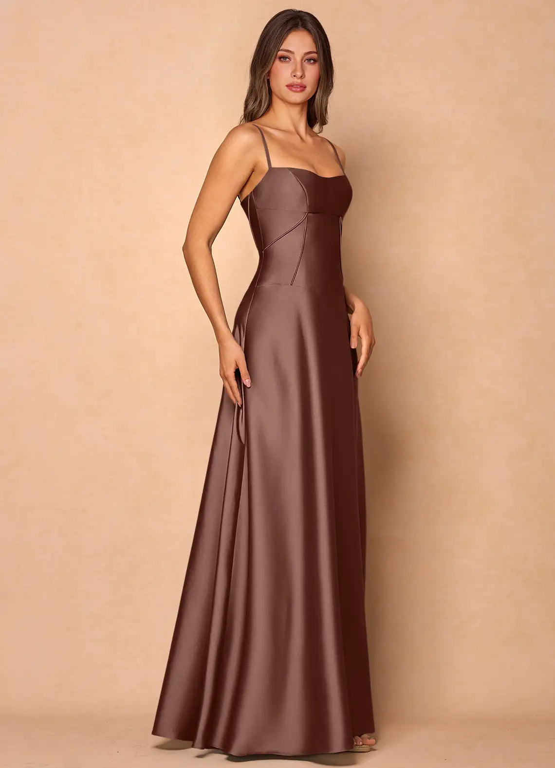 Chocolate Brown Spaghetti Strap Sweetheart Corset Lace Up A-Line Maxi Wedding Guest Dress