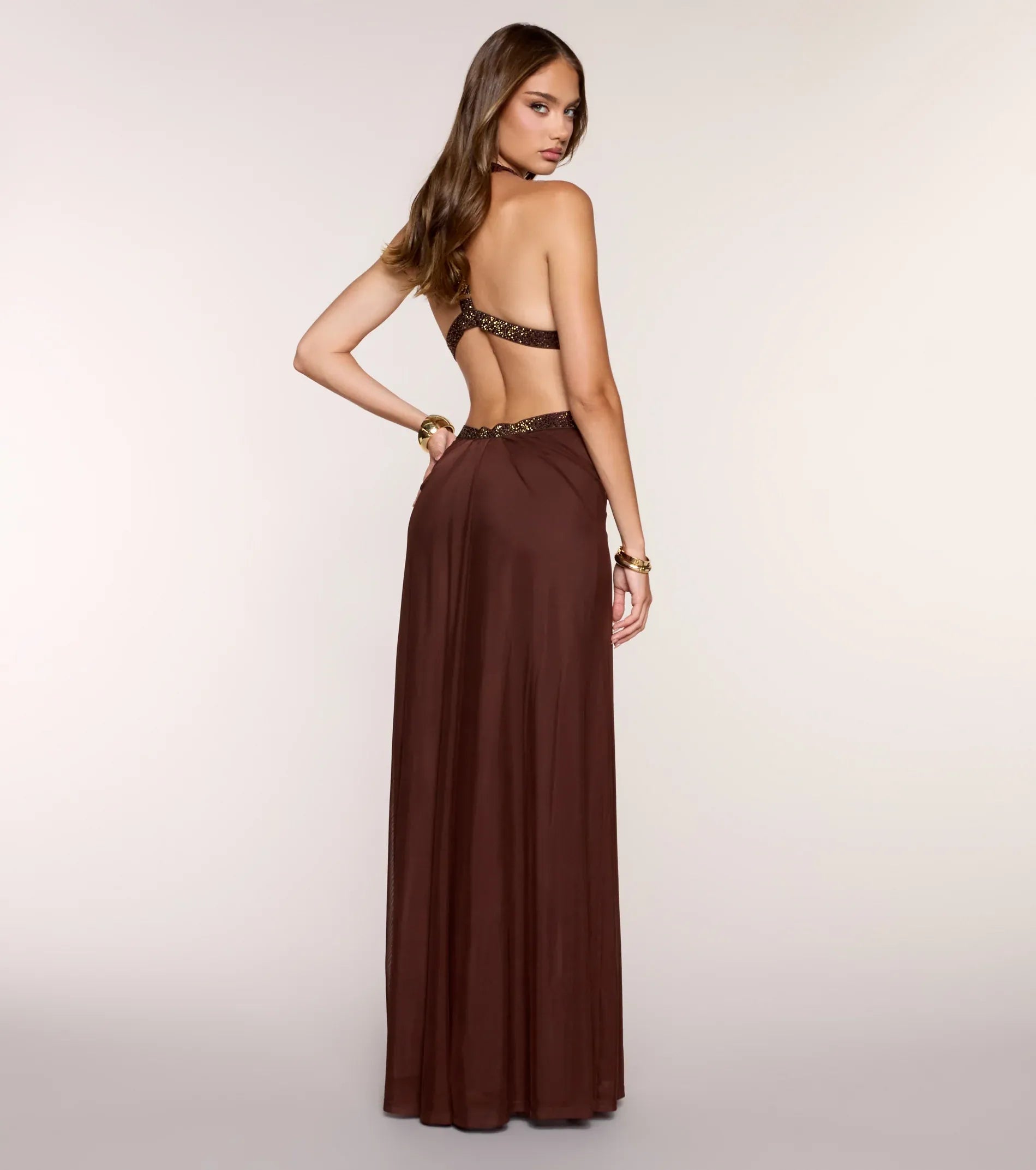 Chocolate Chiffon Halter Cutout Open Back Rhinestone Floor Length Wedding Guest Dress