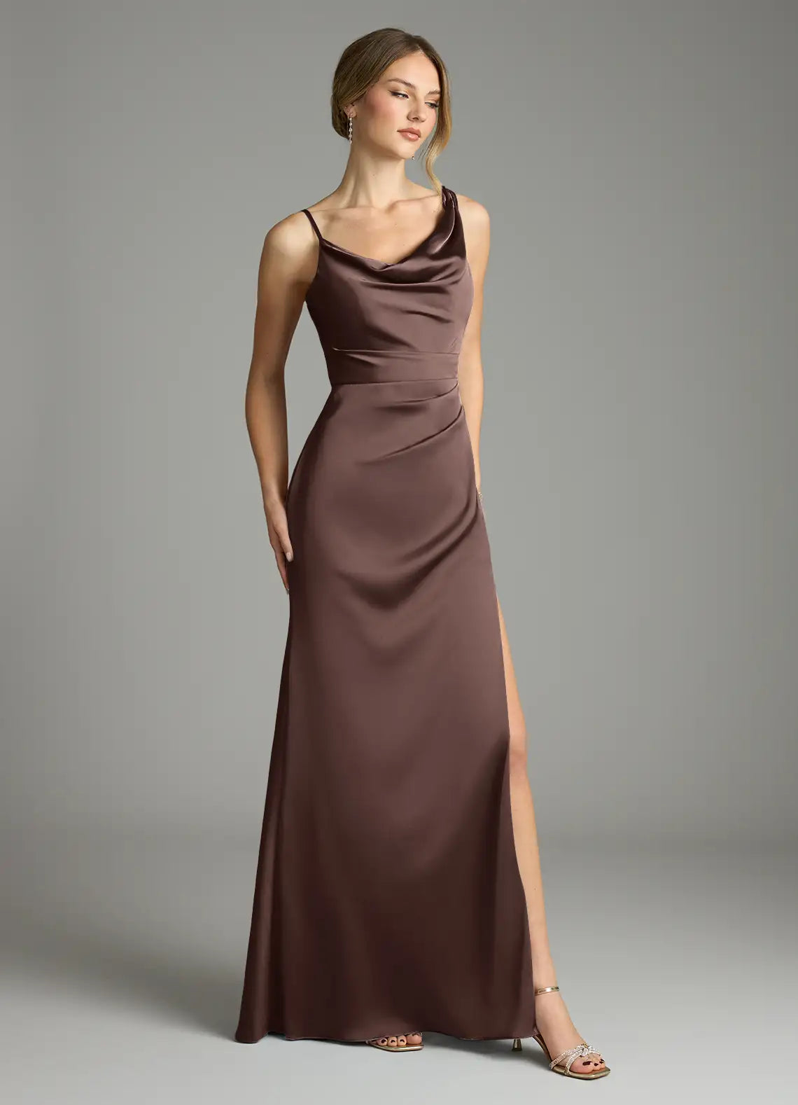 Chocolate Cowl Neck Mixed Strap Ruched High Slit Maxi Satin Bridesmaid Dress