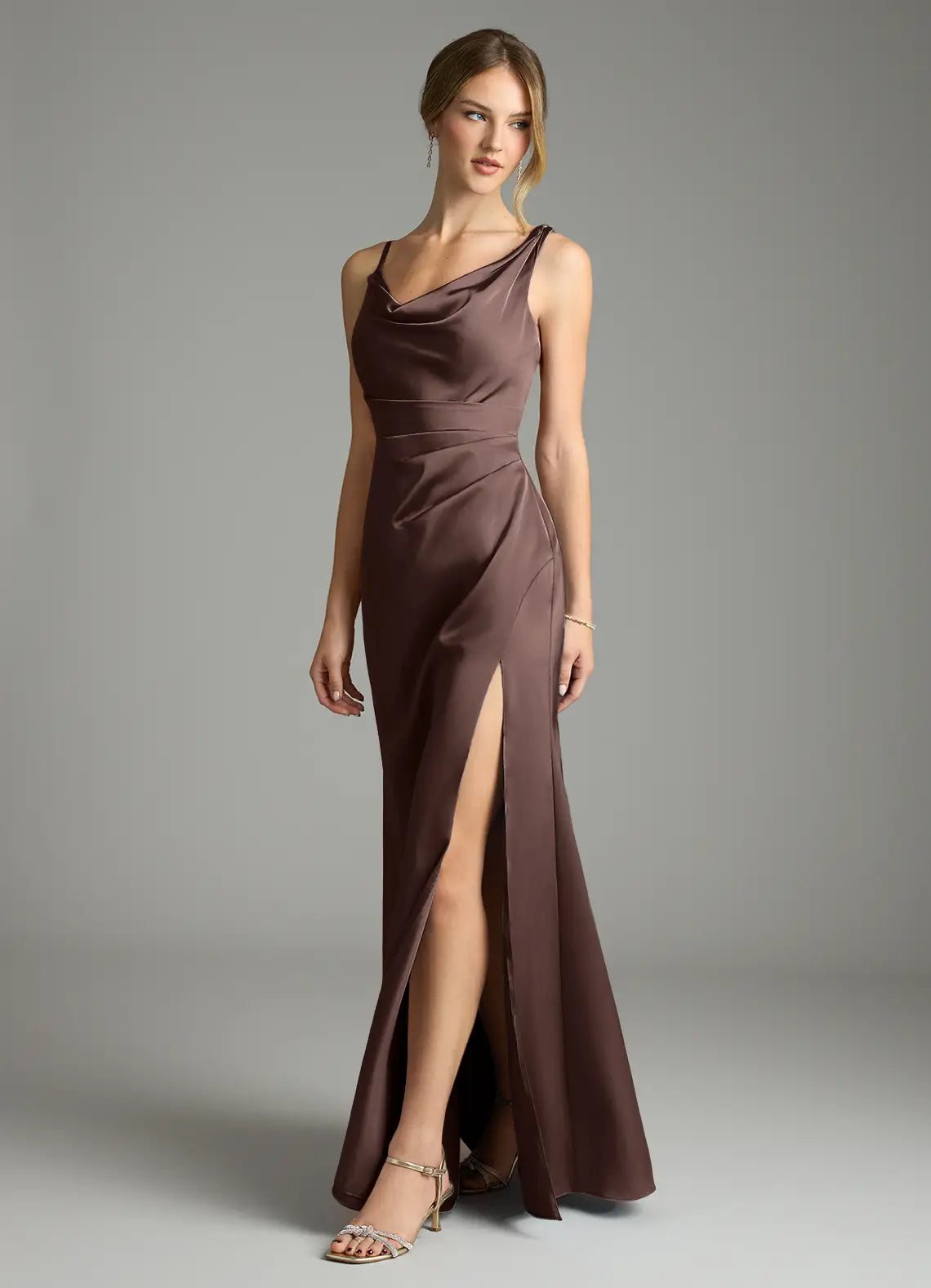 Chocolate Cowl Neck Mixed Strap Ruched High Slit Maxi Satin Bridesmaid Dress