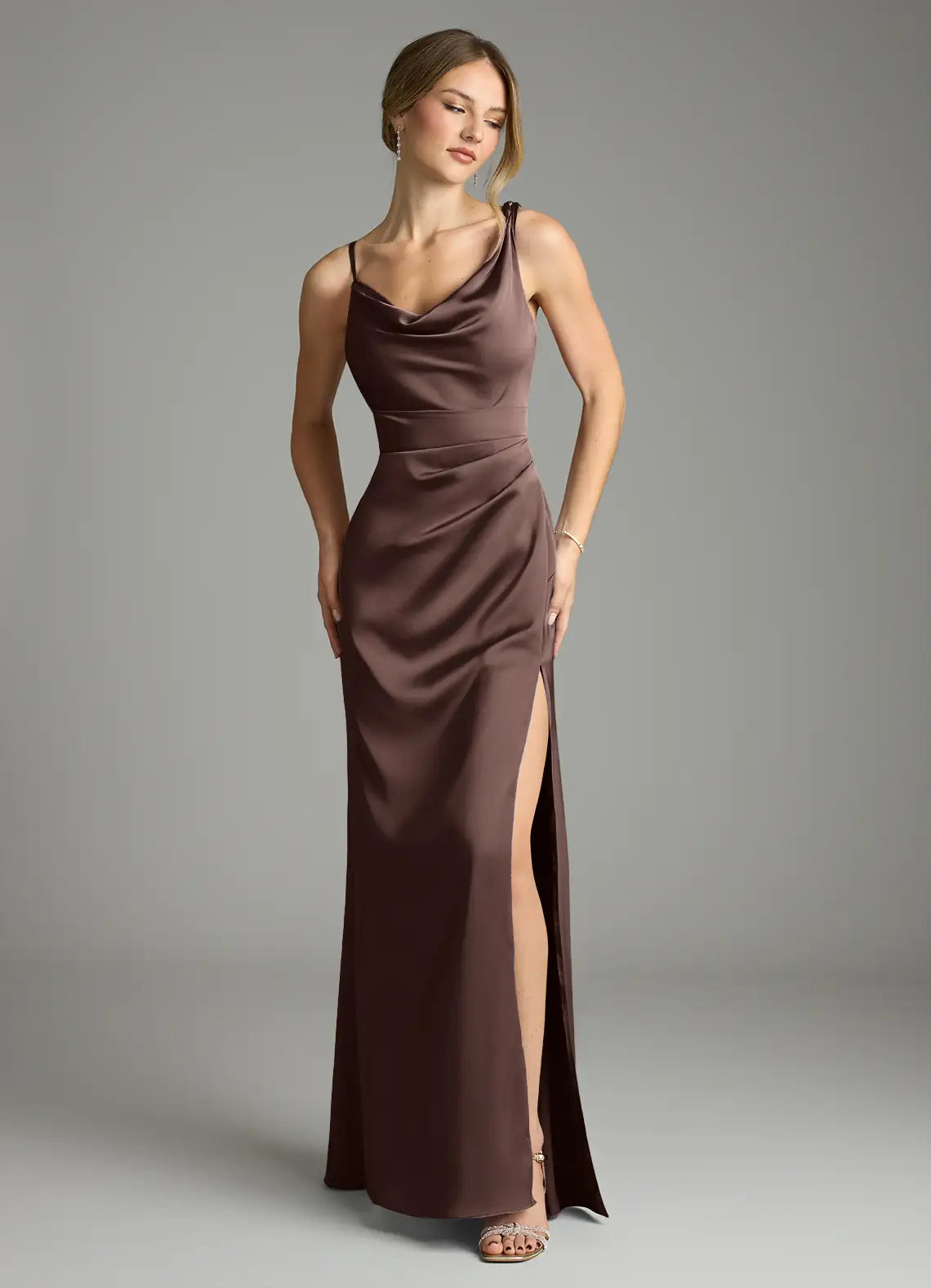Chocolate Cowl Neck Mixed Strap Ruched High Slit Maxi Satin Bridesmaid Dress