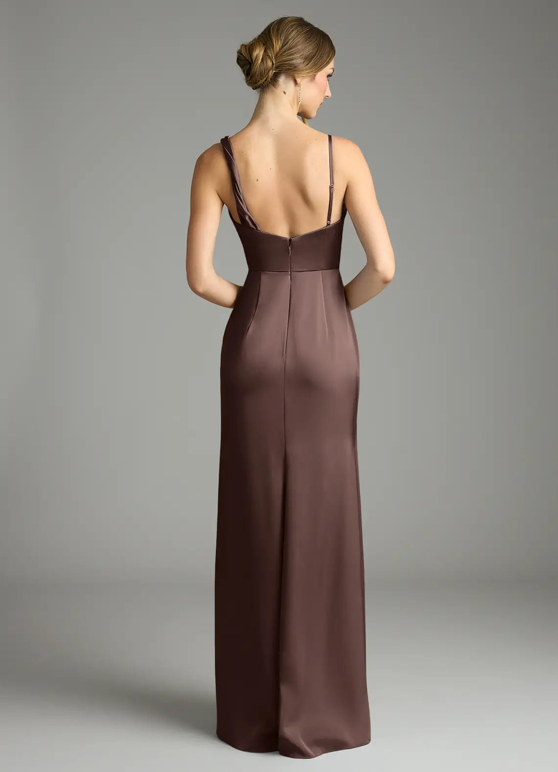 Chocolate Cowl Neck Mixed Strap Ruched High Slit Maxi Satin Bridesmaid Dress