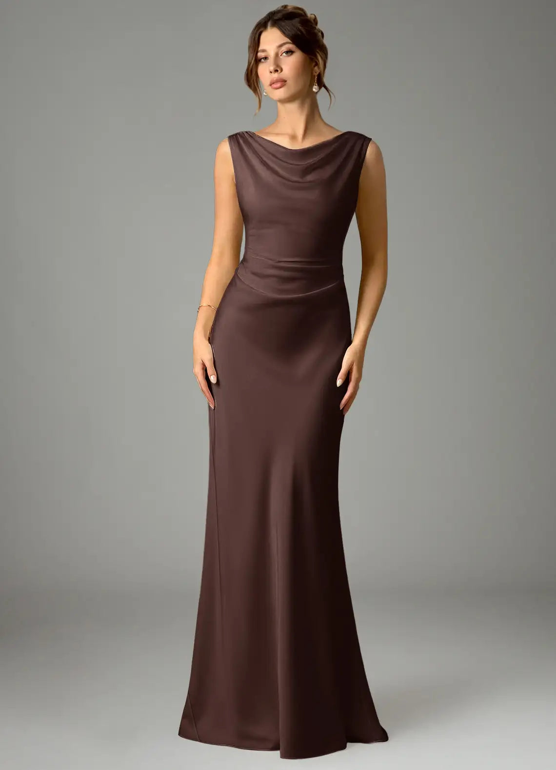 Chocolate Cowl Neck Sleeveless Draped V Back Mermaid Satin Maxi Bridesmaid Dress