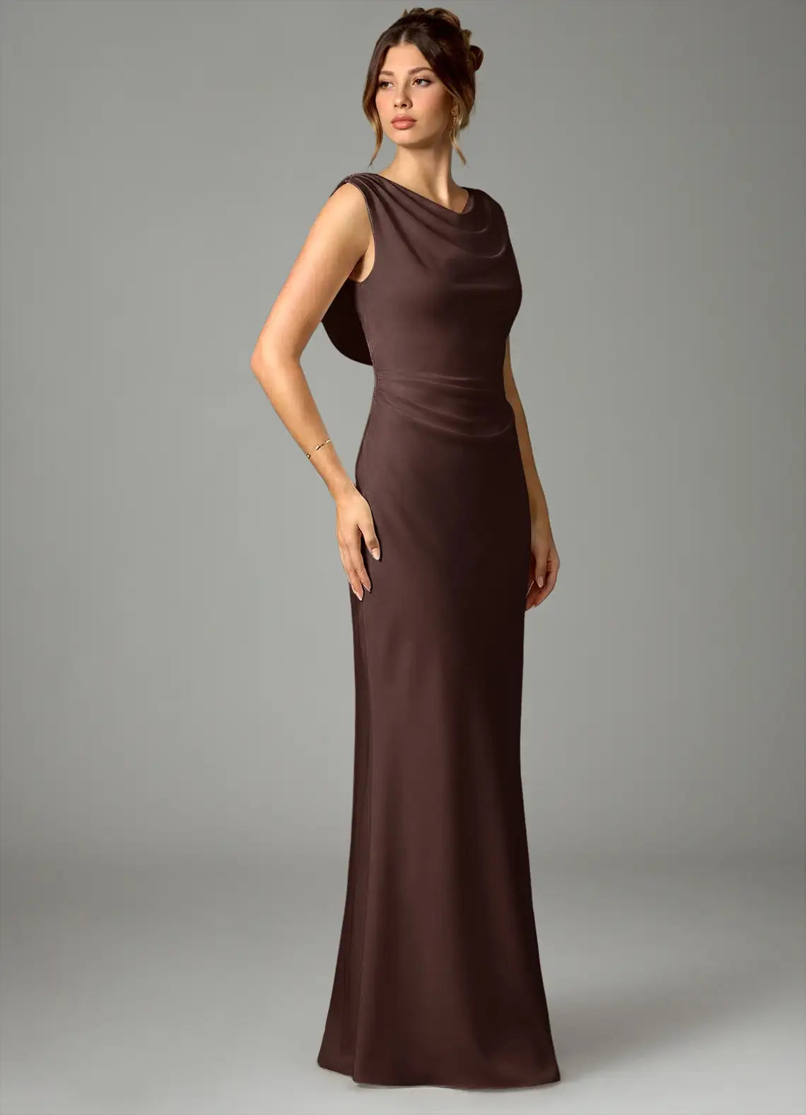 Chocolate Cowl Neck Sleeveless Draped V Back Mermaid Satin Maxi Bridesmaid Dress