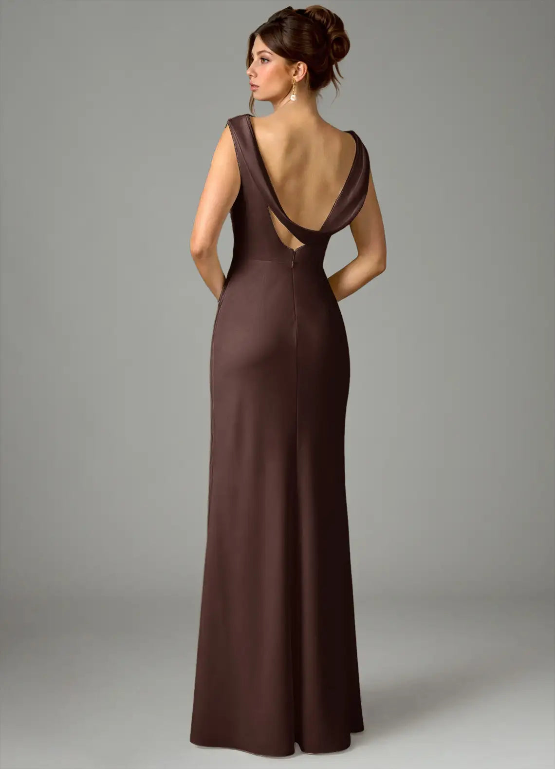 Chocolate Cowl Neck Sleeveless Draped V Back Mermaid Satin Maxi Bridesmaid Dress