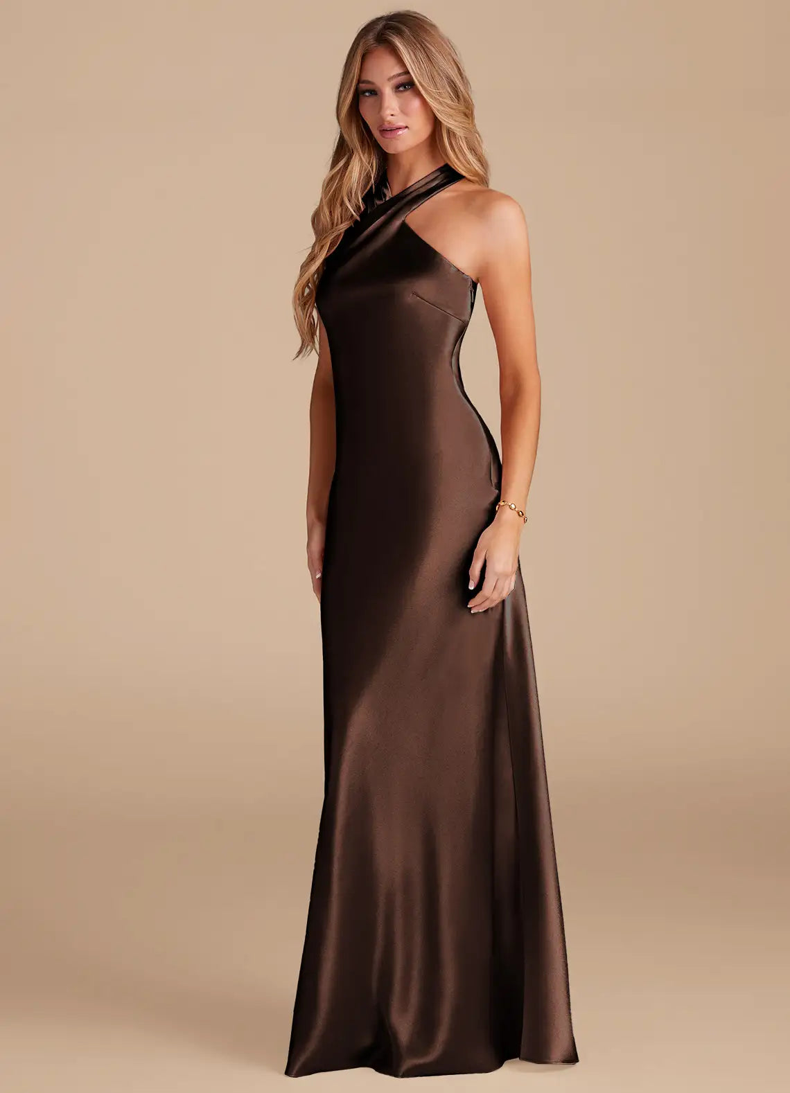 Chocolate Crisscross Halter Neck Bow Tie Back Mermaid Maxi Satin Bridesmaid Dress