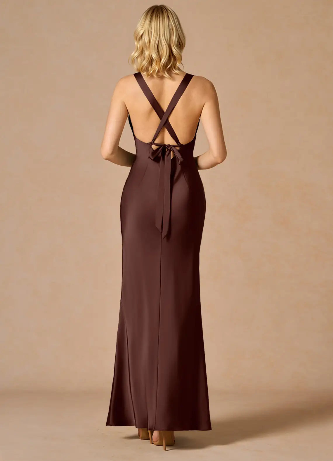Chocolate Deep V Criss Cross Tie Back Mermaid Maxi Wedding Guest Dress