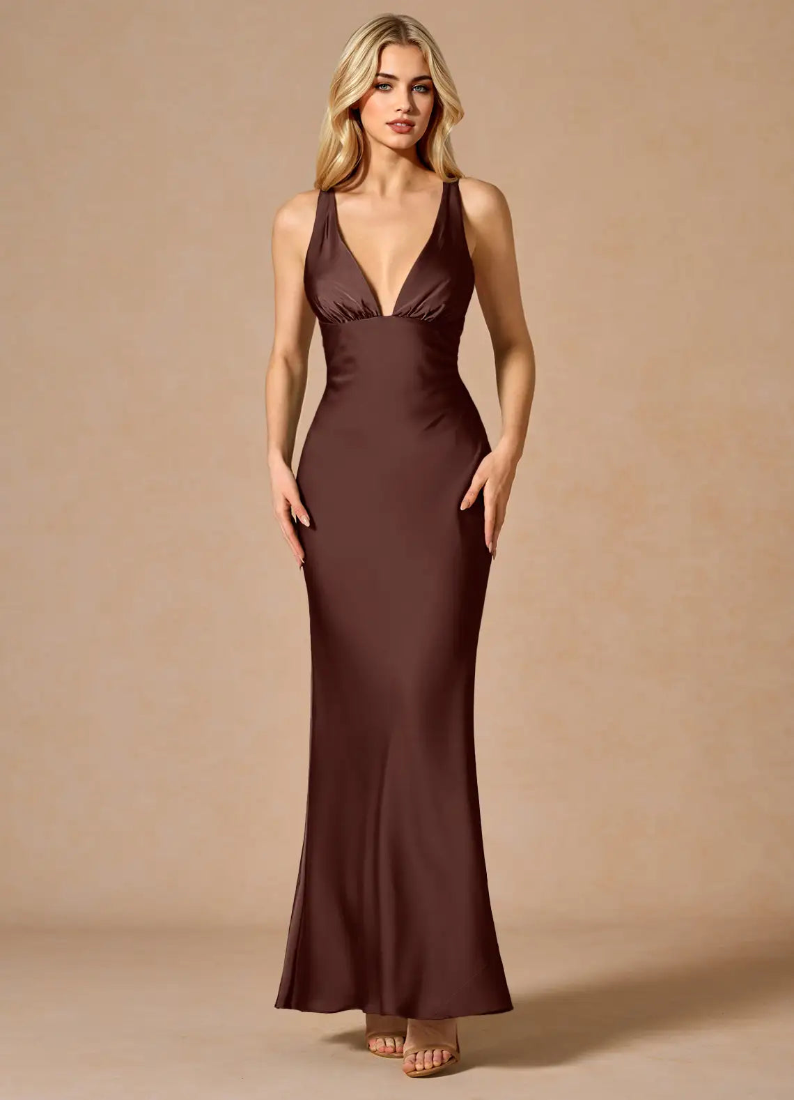 Chocolate Deep V Criss Cross Tie Back Mermaid Maxi Wedding Guest Dress